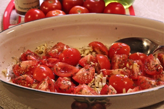 Tomatoes and seasonings ready for roasting.