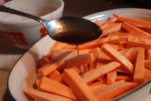 Pour sauce over sweet potatoes.