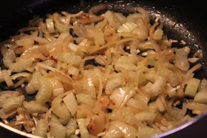 Sauteing the onions, celery and garlic.