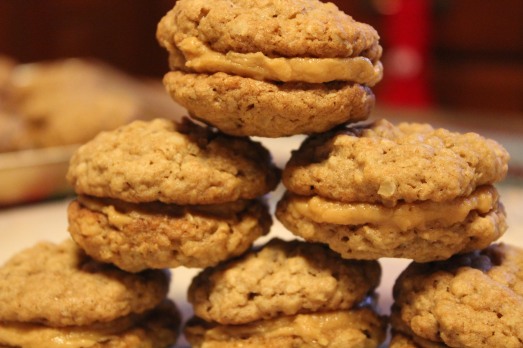 Oatmeal Sandwich Cookies with Peanut Butter Cream Filling.