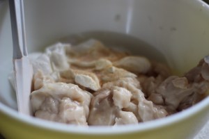 Mix together the soup, sour cream and garlic salt.