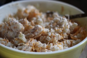 Mix in the hash browns and grated cheese.