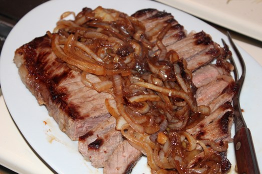 Pan-Seared Strip Steak with Balsamic Onion Sauce.