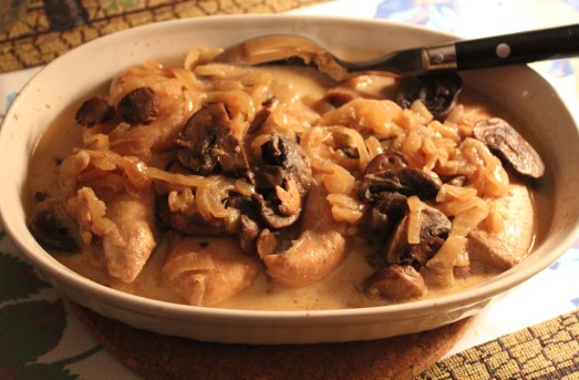 A satisfying dish of chicken,  mushrooms and onions in a rich cream sauce.