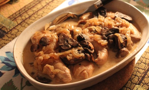 Chicken with mushrooms and onions in a balsamic cream sauce.