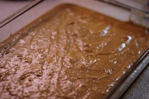 Cake batter in the baking dish.