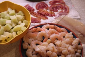 Seafood. potatoes, and bacon crisped.