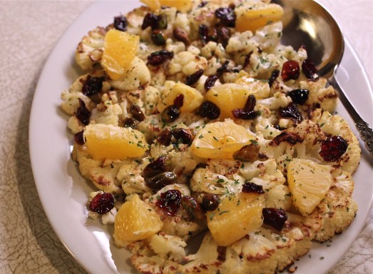Roast Cauliflower with Clementines, Cranberries, and Pistachios