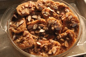 repeat layers and pour egg-milk mixture over the top.