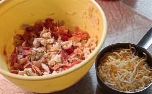 Mix together, chicken, bacon and shredded cheese.