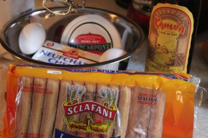 Ladyfingers, 2 kinds of cheese, Kahlua, and eggs.