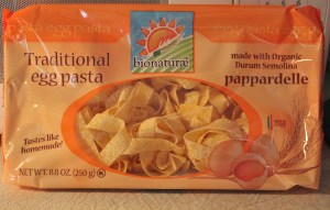 Pappardelle,  wide pasta ribbons.