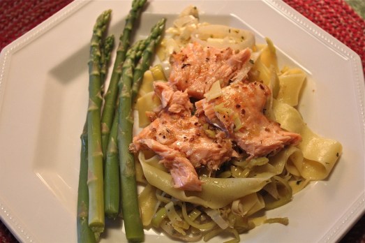 Pappardelle, with salmon and leeks. 