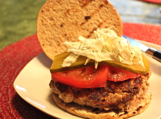 Grilled Turkey Burgers with Coleslaw and Pickles.