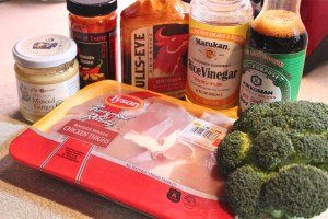 Boneless thighs, broccoli and all the seasonings for the marinade.