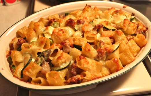 Sausage, zucchini, and feta casserole. 