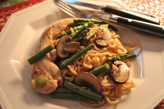 Soba noodles with miso-glazed chicken and vegetables.