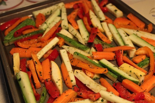 Colorful vegetables, julian cut, before roasting.