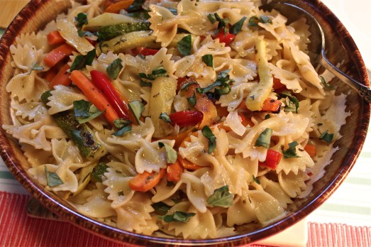 Serve in a large bowl, garnished with fresh basil.