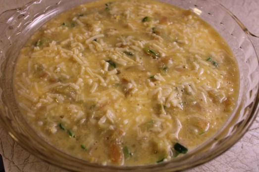 Pour the egg mixture over the vegetables in the skillet or a casserole.