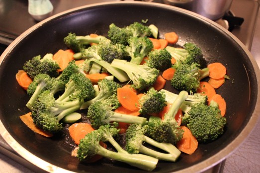 Lightly cook the broccoli and carrots and set aside.
