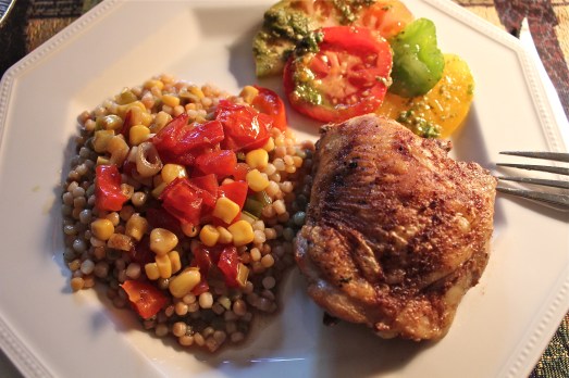Served with Israeli couscous, and heirloom tomato salad.