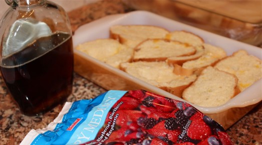 Cut up bread and fit tightly into the baking dish.