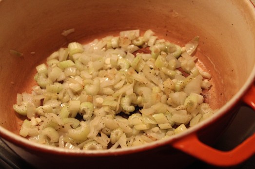 Slowly sauté the onions, celery and garlic.