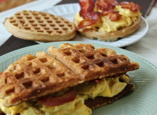 Whole grain buttermilk waffles used to make a breakfast sandwich.