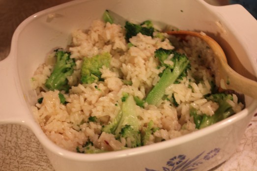 Mix rice into broccoli mixture.