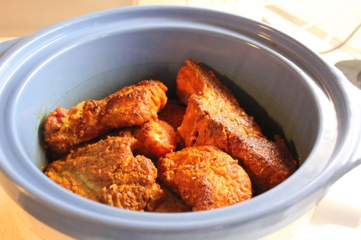 Layer them up in the slow cooker.  Pour beer over the top.