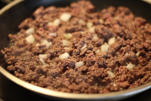 Browning the beef and onions.