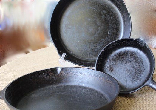 Cast iron skillets in several sizes.