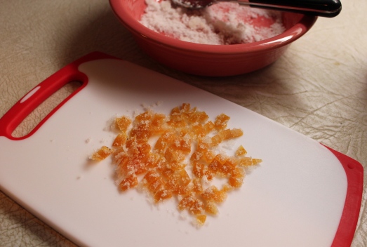 Chopped sugared zest into small pieces.