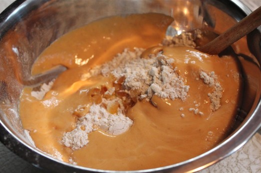 Mixing in the pumpkin and half-and-half.